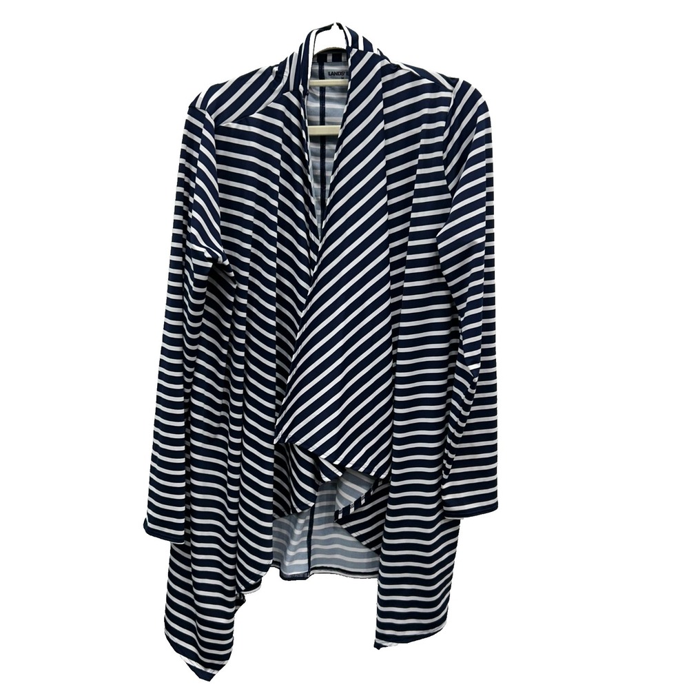 Lands' End Womens M Navy White Striped Waterfall Open Front Cardigan Sweater